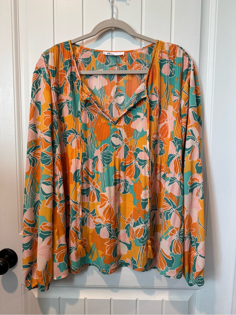 DR2 Floral Pleated V-Neck Blouse in Orange, Pink & Teal